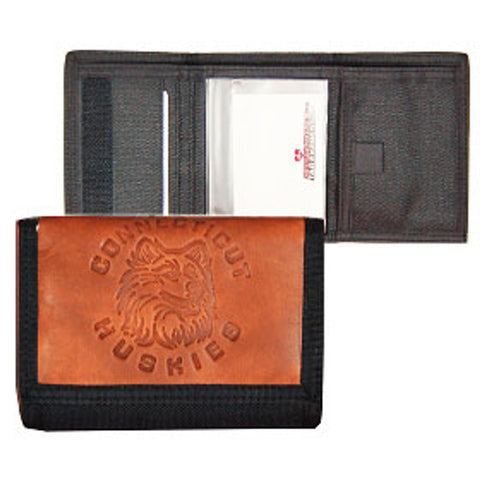 Connecticut Huskies Leather/Nylon Embossed Tri Fold Wallet