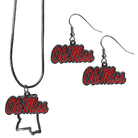 Ole Miss Rebels   Dangle Earrings and State Necklace Set 