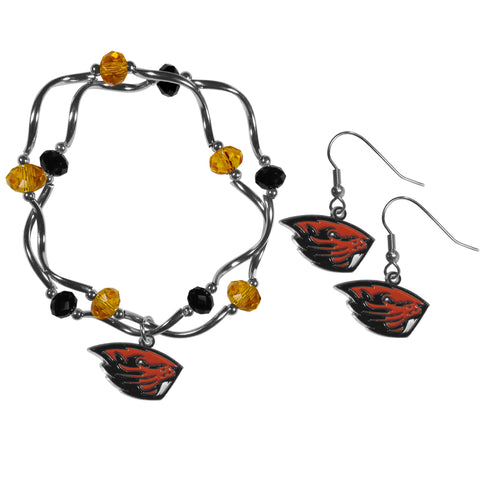 Oregon St. Beavers Dangle Earrings and Crystal Bead Bracelet Set