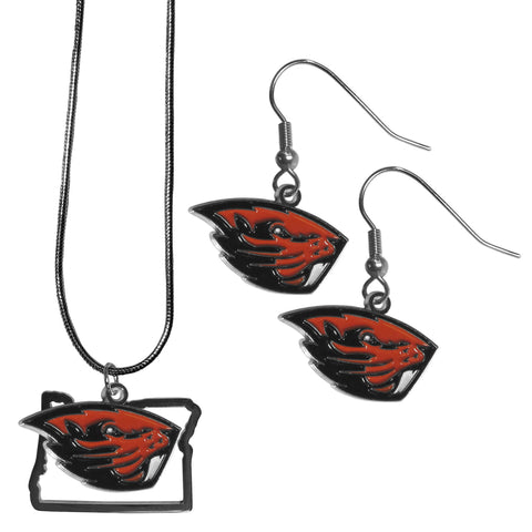 Oregon St. Beavers Dangle Earrings and State Necklace Set