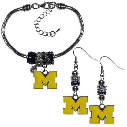 Michigan Wolverines Euro Bead Earrings and Bracelet Set