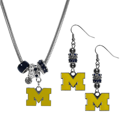 Michigan Wolverines Euro Bead Earrings and Necklace Set