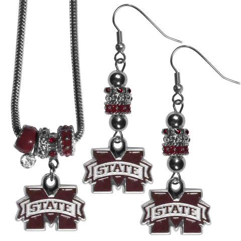 Mississippi St. Bulldogs Euro Bead Earrings and Necklace Set
