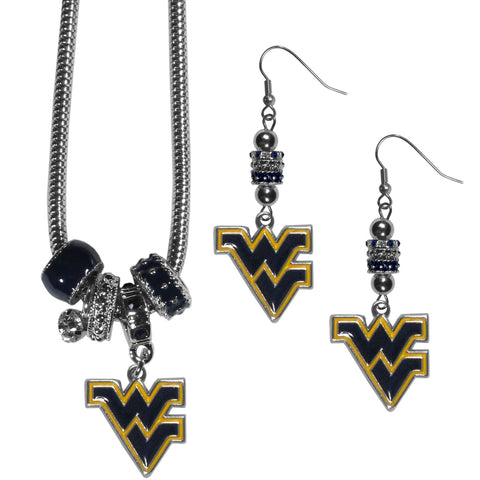 W. Virginia Mountaineers Euro Bead Earrings and Necklace Set