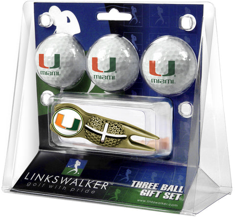 Miami Hurricanes Gold Crosshair Divot Tool 3 Ball Gift Pack  -  Gold
