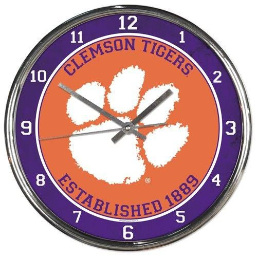 Clemson Tigers Clock Round Wall Style Chrome Periodic Restock