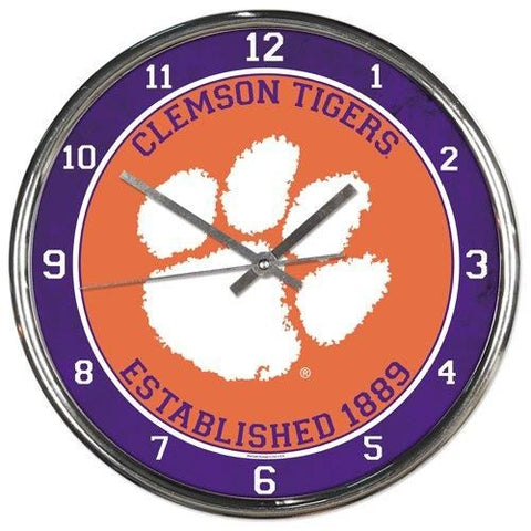 Clemson Tigers Clock Round Wall Style Chrome Periodic Restock