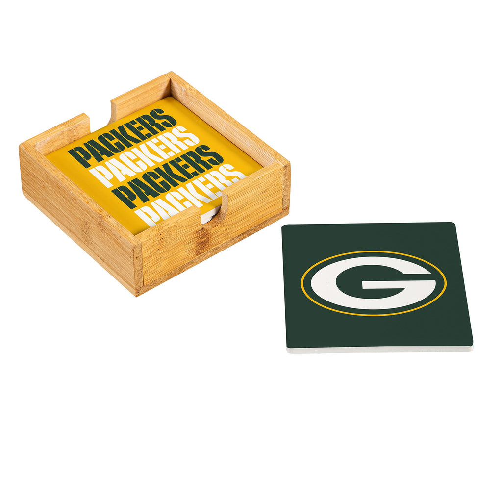 Green Bay Packers s Coaster Set 4 Piece with Wood Caddy
