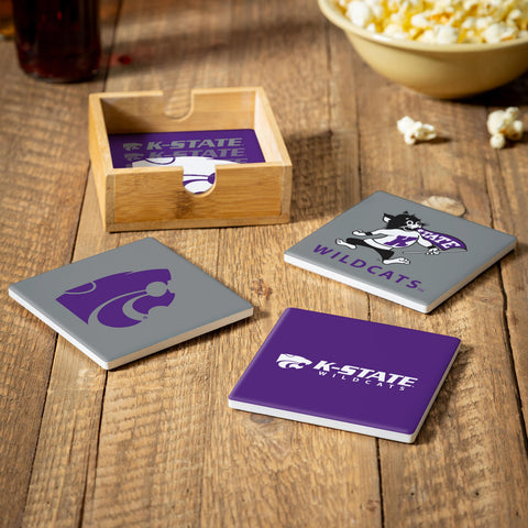 Kansas State Wildcats Coaster Set 4 Piece with Wood Caddy