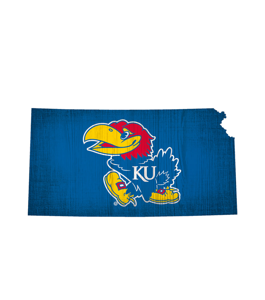 Kansas Jayhawks Sign Wood 12 Inch Team Color State Shape Design
