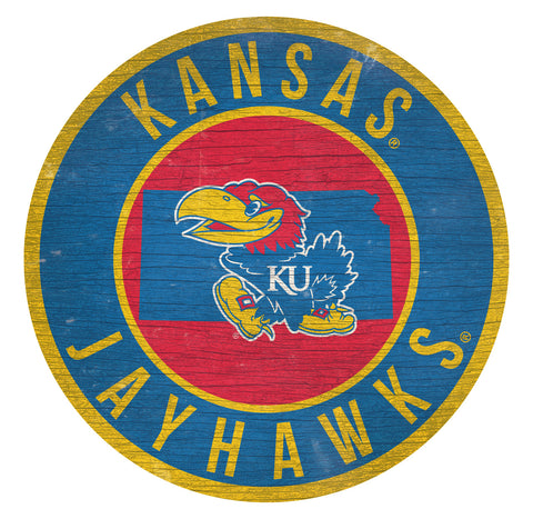 Kansas Jayhawks Sign Wood 12 Inch Round State Design Special Order