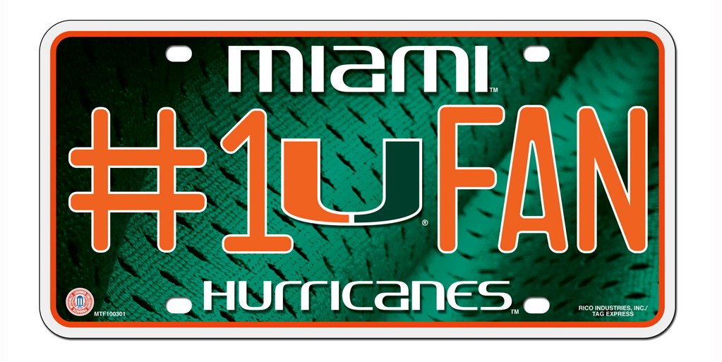 Miami Hurricanes License Plate #1 Fan Special Order