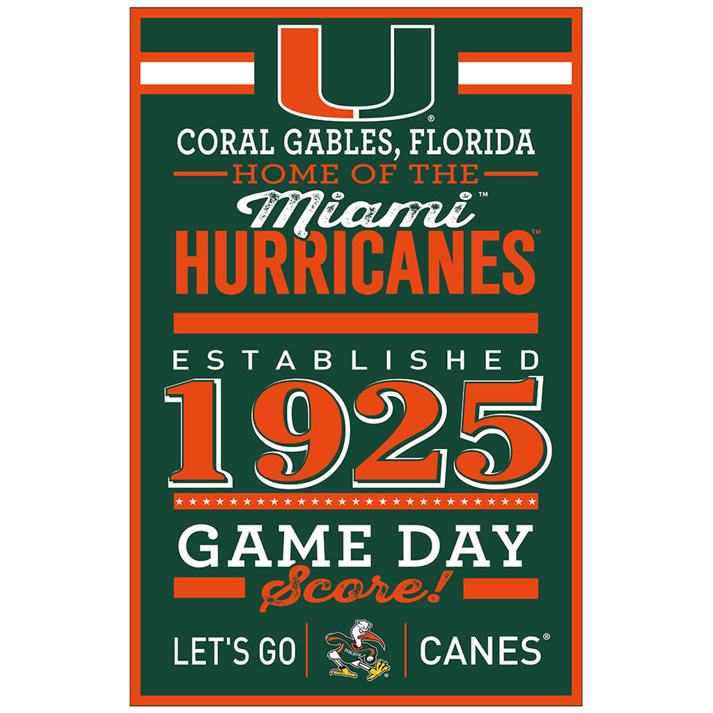 Miami Hurricanes Sign 11x17 Wood Established Design