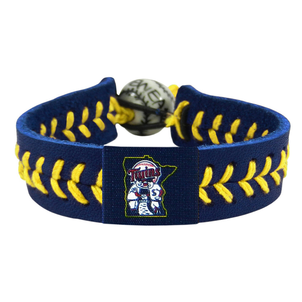 Minnesota Twins Bracelet Team Color Baseball Mini and Paul Mascot Navy Leather Yellow Thread CO