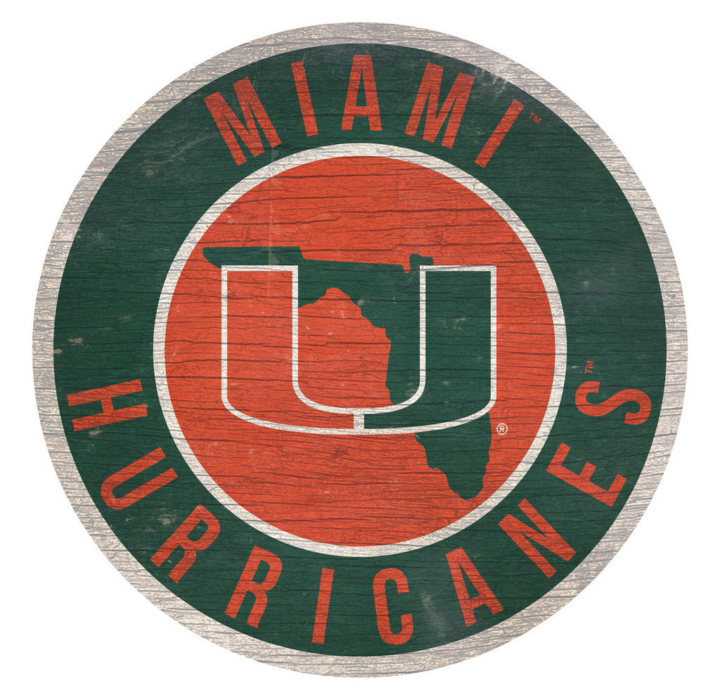 Miami Hurricanes Sign Wood 12 Inch Round State Design