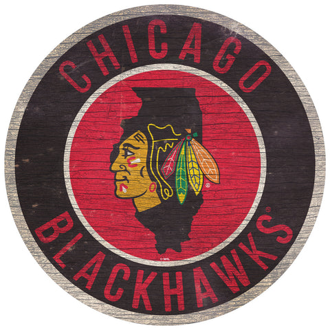 Chicago Blackhawks Sign Wood 12 Inch Round State Design