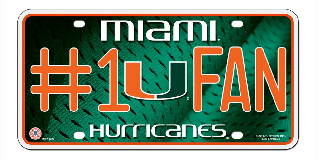 Miami Hurricanes License Plate #1 Fan Special Order