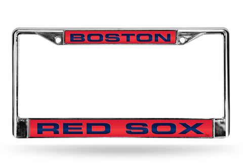 Boston Red Sox License Plate Frame Laser Cut Chrome Red Background with Blue Letters