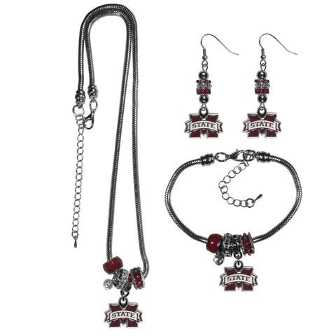 Mississippi St. Bulldogs Euro Bead Jewelry 3 piece Set