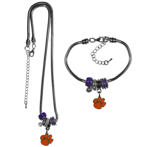 Clemson Tigers Euro Bead Necklace and Bracelet Set