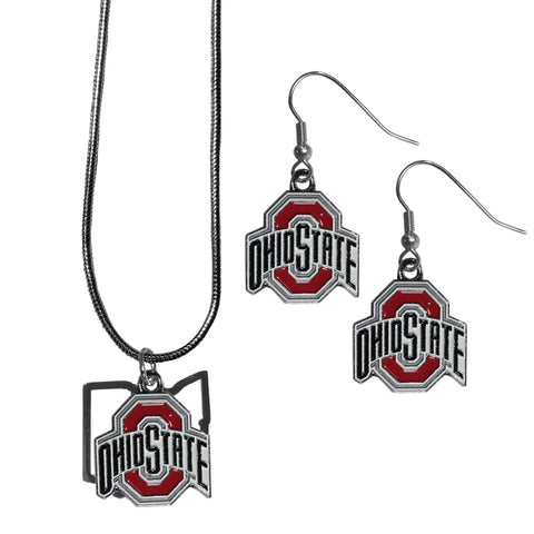 Ohio State Buckeyes   Dangle Earrings and State Necklace Set 
