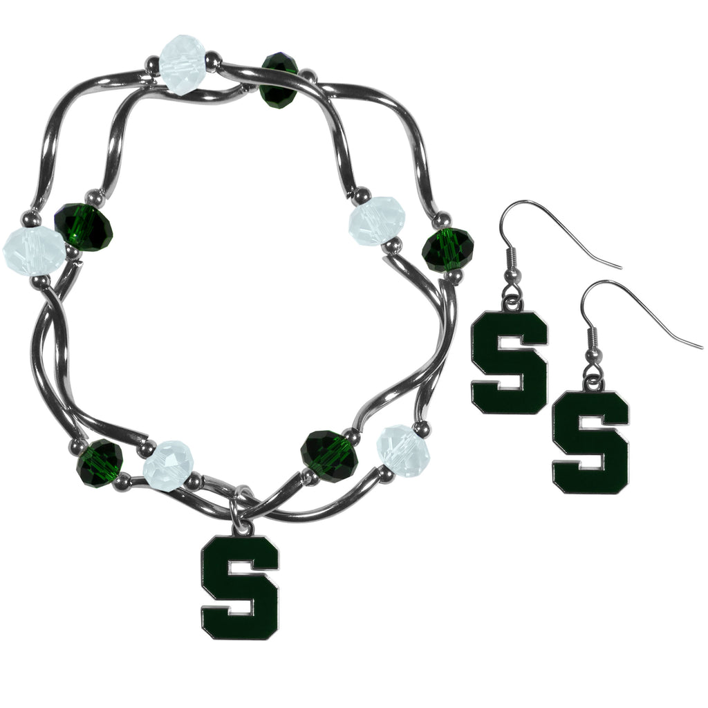 Michigan St. Spartans Dangle Earrings and Crystal Bead Bracelet Set