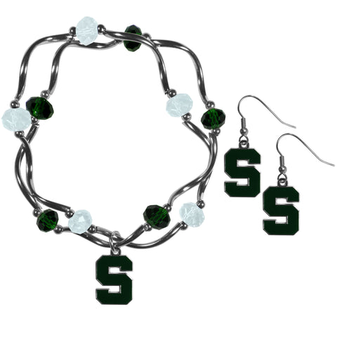 Michigan St. Spartans Dangle Earrings and Crystal Bead Bracelet Set
