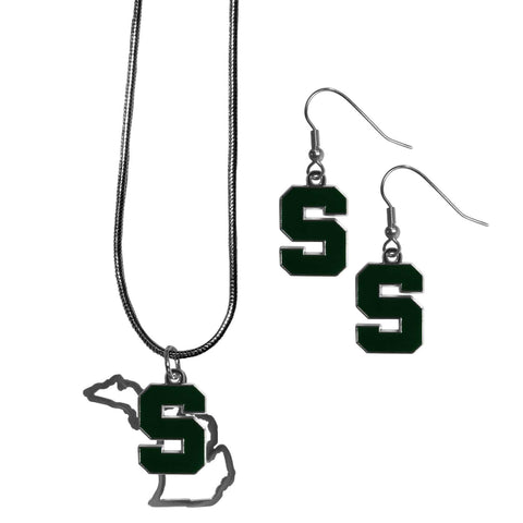Michigan St. Spartans Dangle Earrings and State Necklace Set