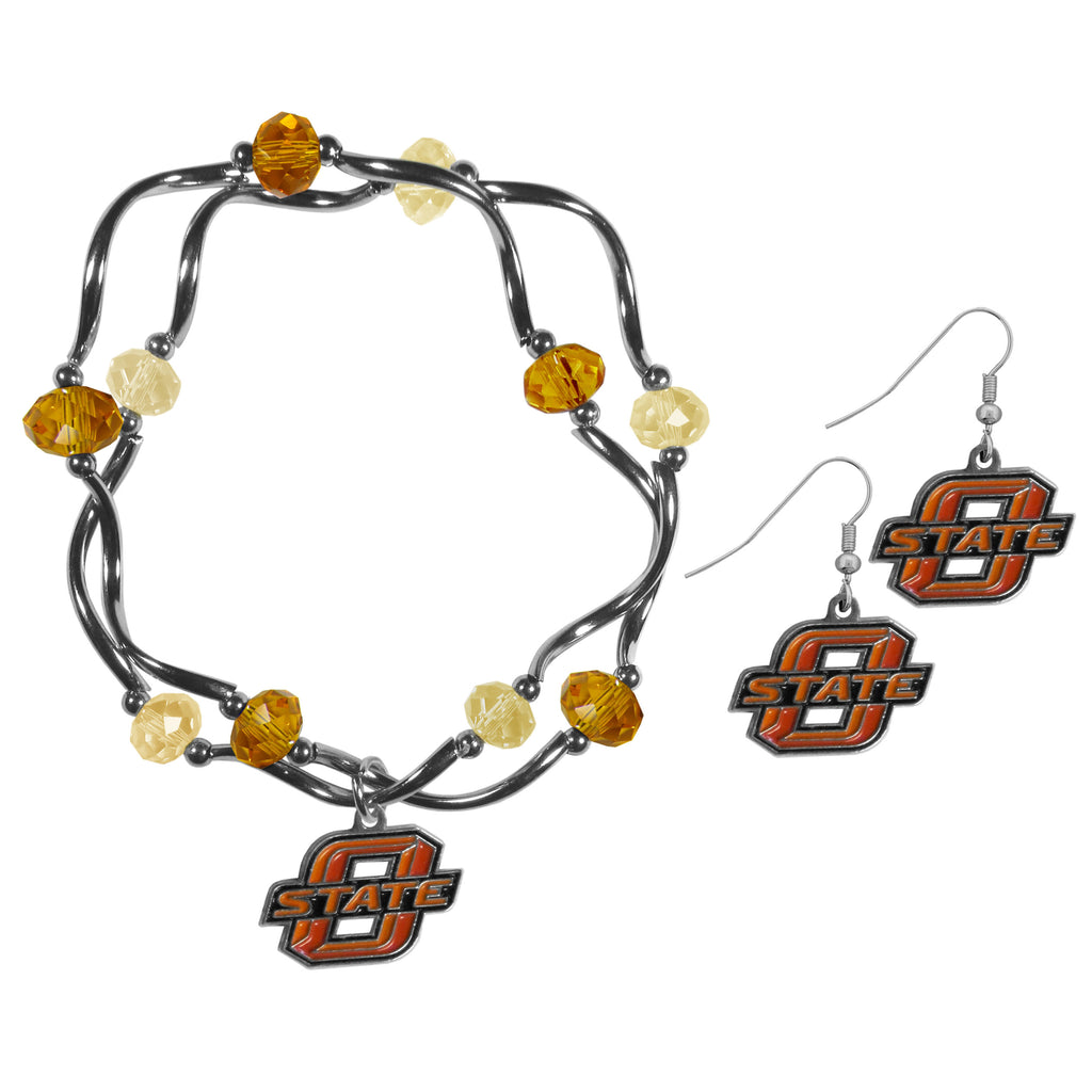 Oklahoma St. Cowboys Dangle Earrings and Crystal Bead Bracelet Set
