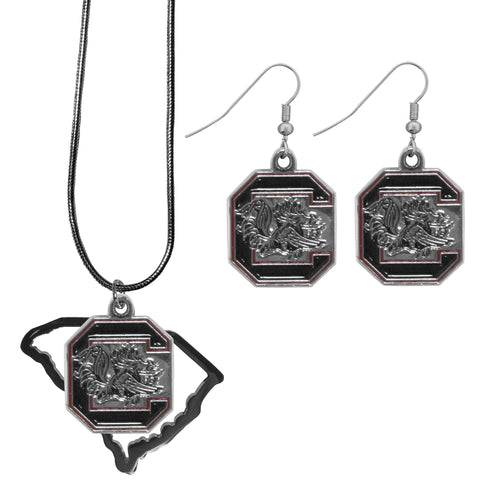 S. Carolina Gamecocks Dangle Earrings and State Necklace Set