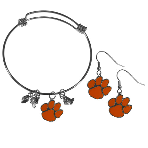 Clemson Tigers Dangle Earrings and Charm Bangle Bracelet Set