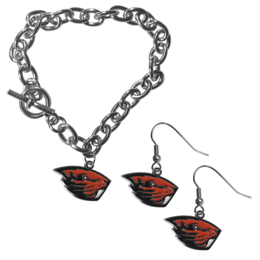 Oregon St. Beavers Chain Bracelet and Dangle Earring Set