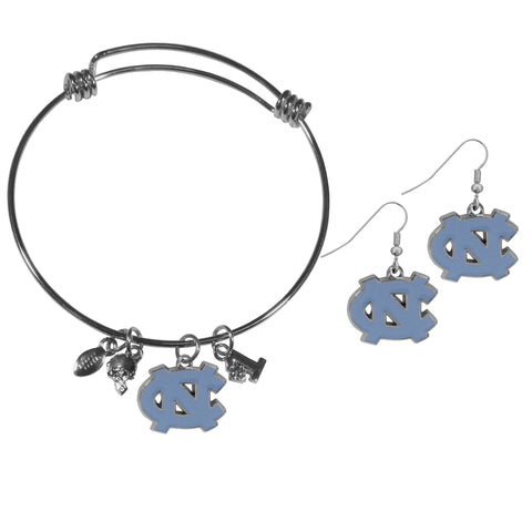 N. Carolina Tar Heels Dangle Earrings and Charm Bangle Bracelet Set