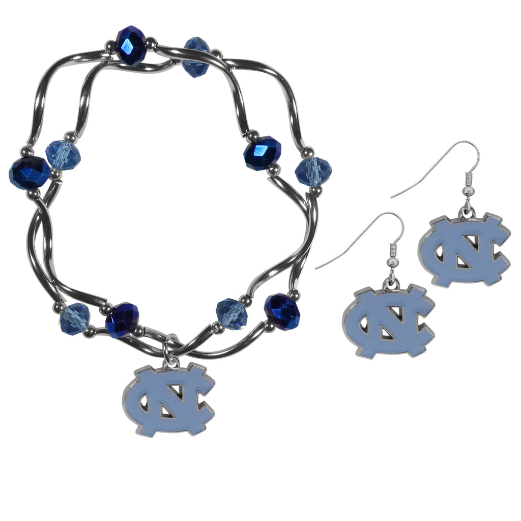 N. Carolina Tar Heels Dangle Earrings and Crystal Bead Bracelet Set