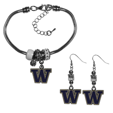 Washington Huskies Euro Bead Earrings and Bracelet Set