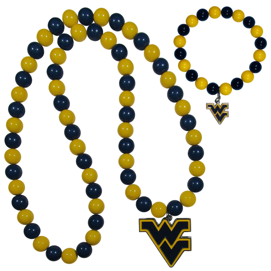 W. Virginia Mountaineers Fan Bead Necklace and Bracelet Set