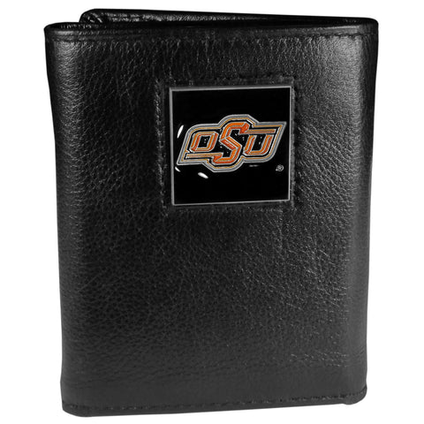 Oklahoma State Cowboys   Deluxe Leather Tri fold Wallet Packaged in Gift Box 