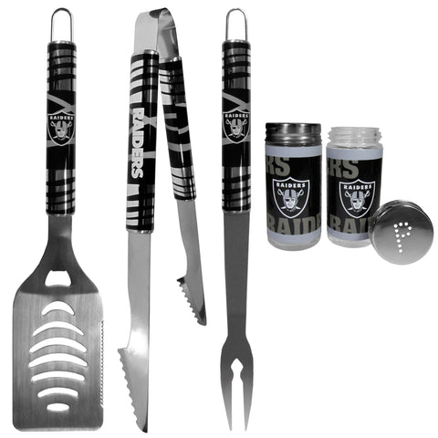 Oakland Raiders   3 pc Tailgater BBQ Set and Salt and Pepper Shaker Set 
