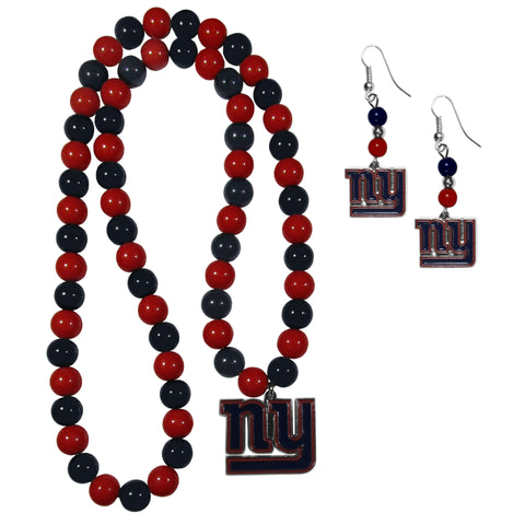 New York Giants Fan Bead Earrings and Necklace Set