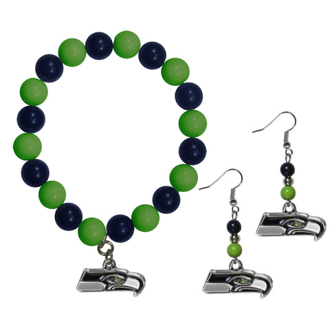 Seattle Seahawks Fan Bead Earrings and Bracelet Set