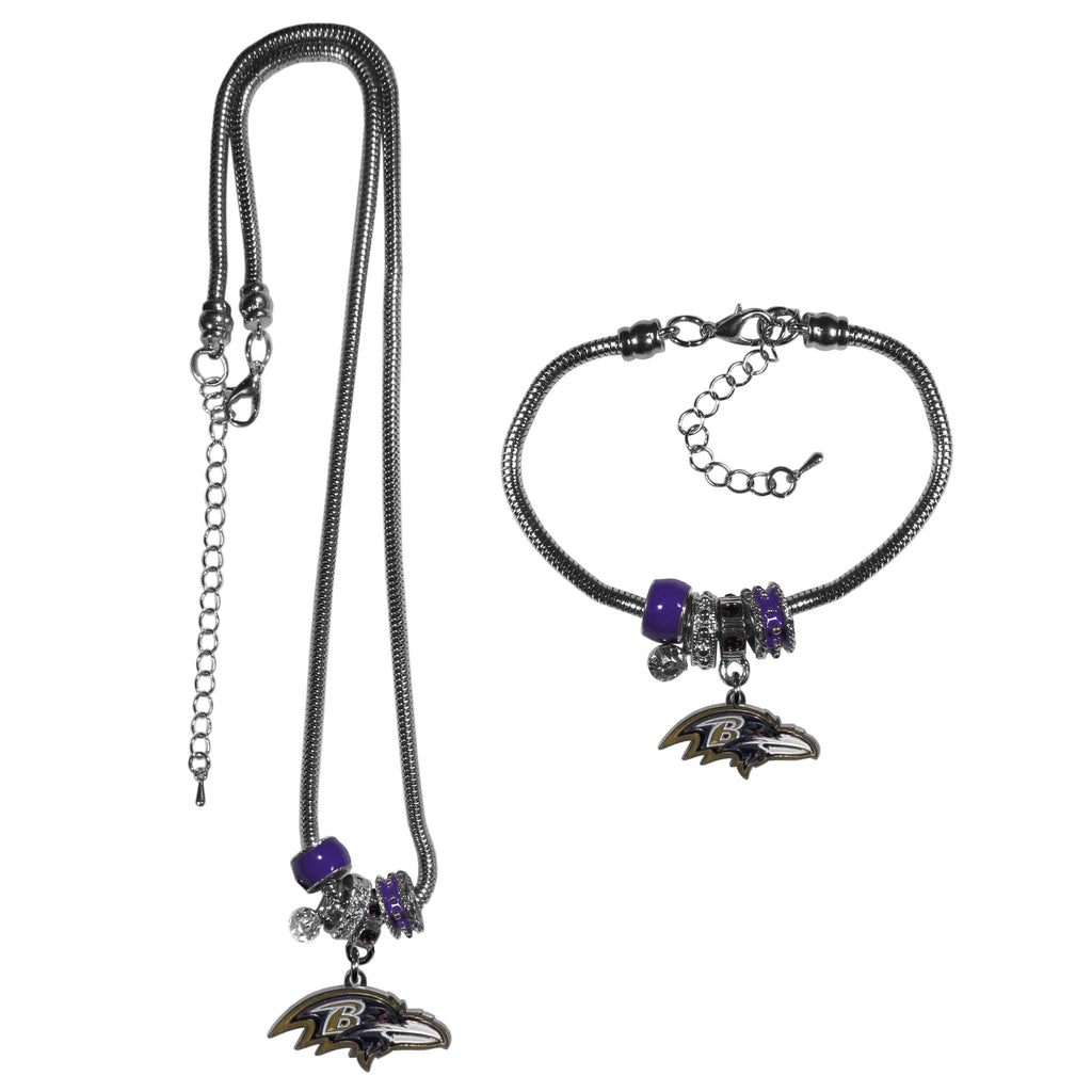 Baltimore Ravens Euro Bead Necklace and Bracelet Set