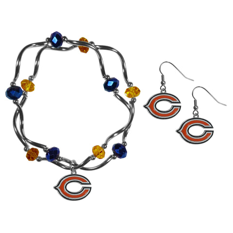 Chicago Bears Dangle Earrings and Crystal Bead Bracelet Set