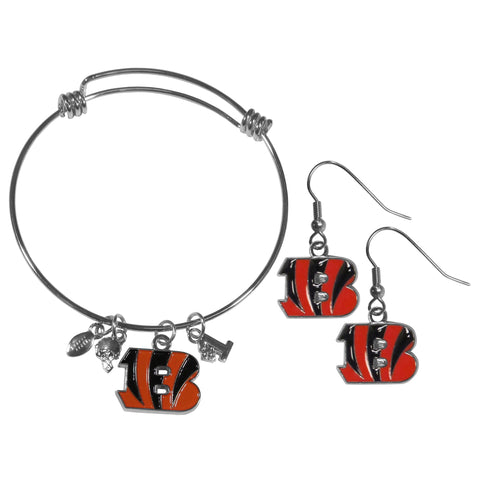 Cincinnati Bengals Earrings - Dangle Style and Charm Bangle Bracelet Set