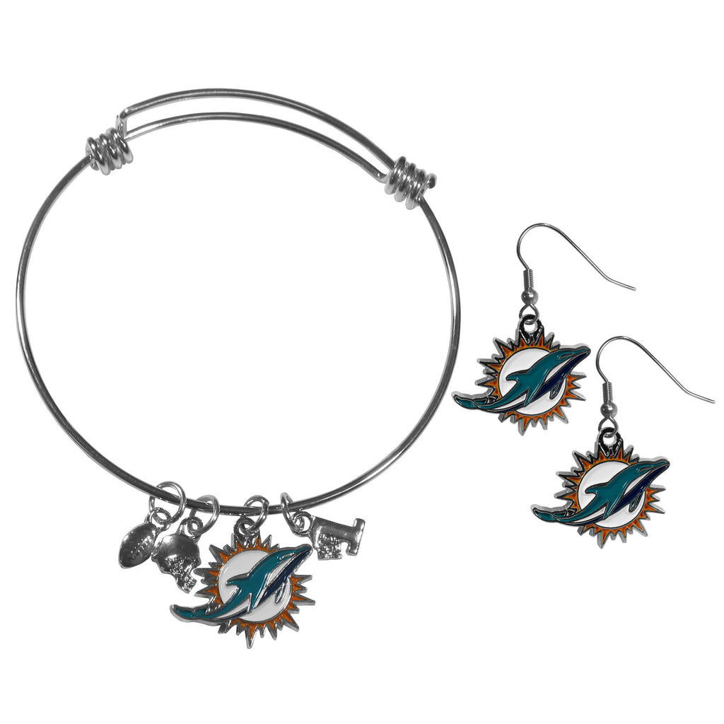 Miami Dolphins Dangle Earrings and Charm Bangle Bracelet Set