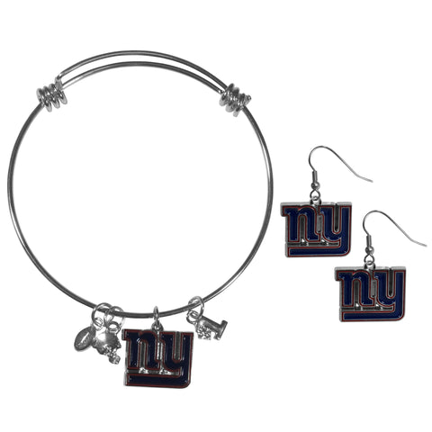 New York Giants Earrings - Dangle Style and Charm Bangle Bracelet Set