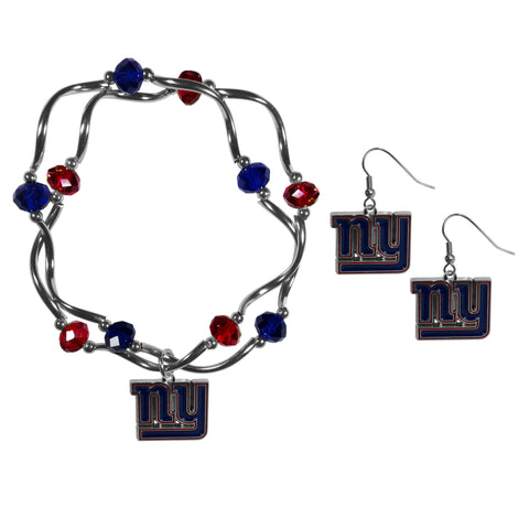 New York Giants Earrings - Dangle Style and Crystal Bead Bracelet Set