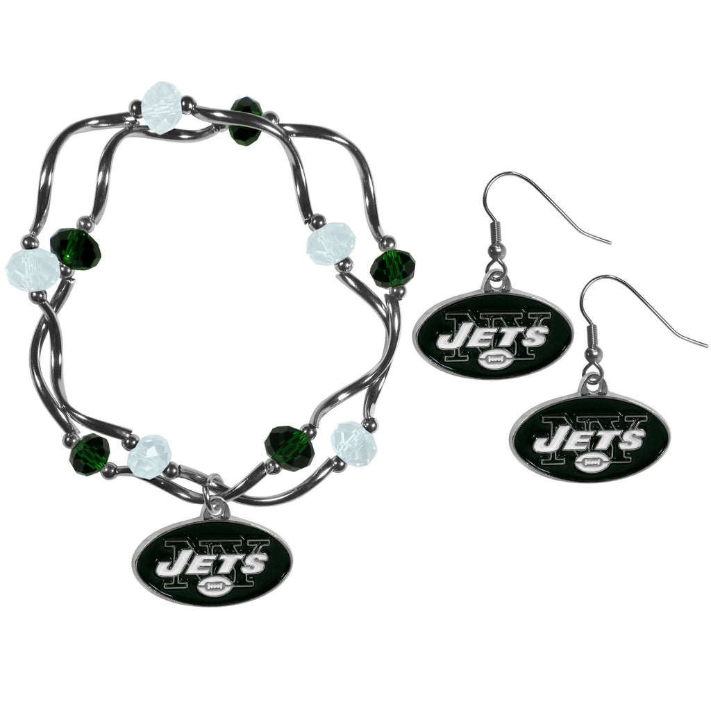 New York Jets Earrings - Dangle Style and Crystal Bead Bracelet Set