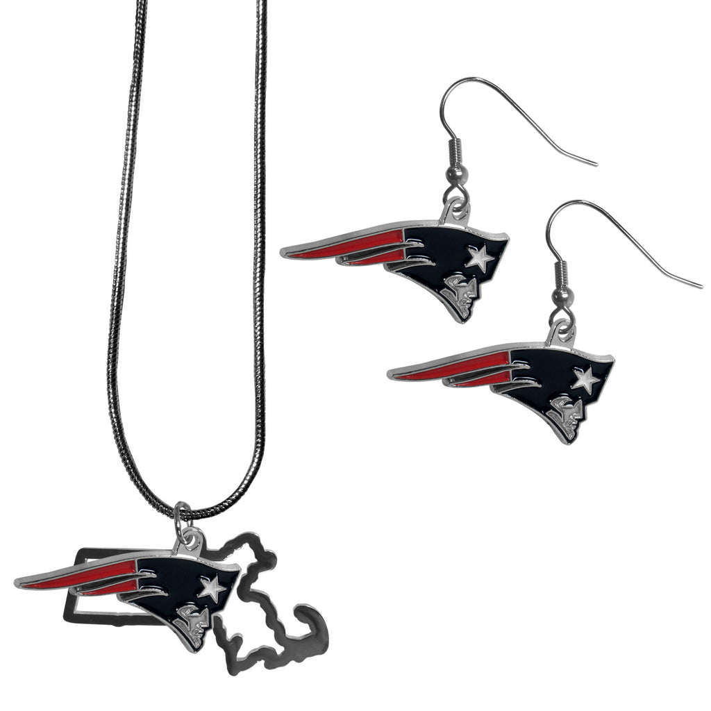 New England Patriots Dangle Earrings and State Necklace Set