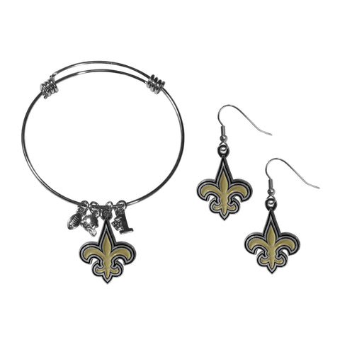 New Orleans Saints Earrings - Dangle Style and Charm Bangle Bracelet Set