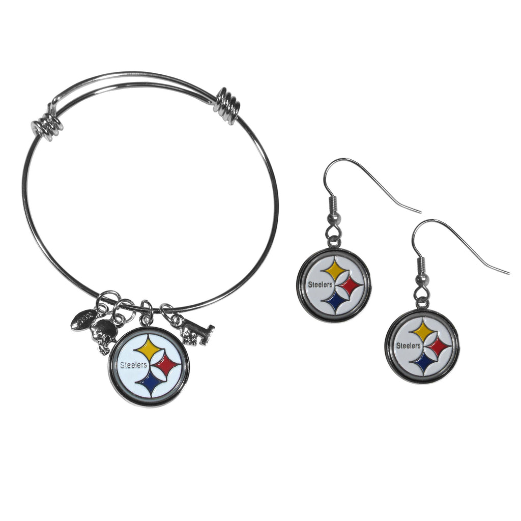 Pittsburgh Steelers Earrings - Dangle Style and Charm Bangle Bracelet Set